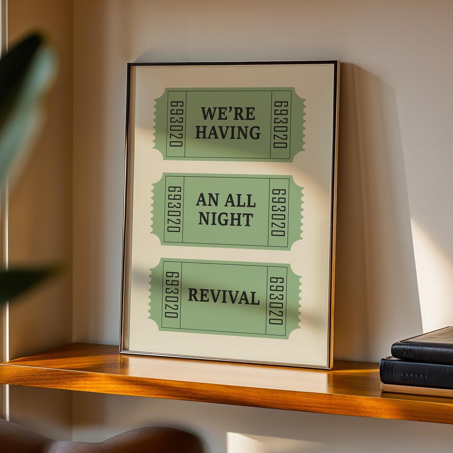 Country music wall art featuring revival lyrics on three old-style tickets, perfect for rustic or western spaces.