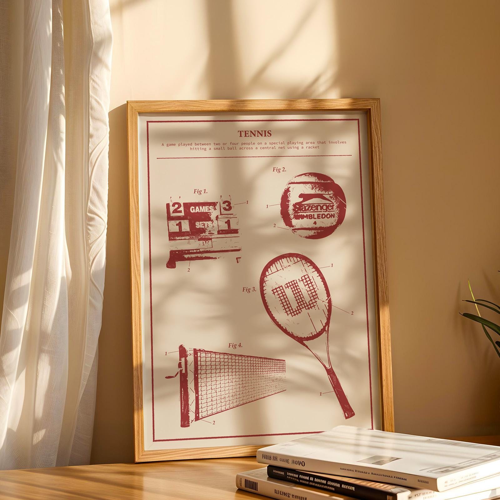 Tennis gear schematic print with racquet and ball details, framed and leaning in a player’s office or training room.