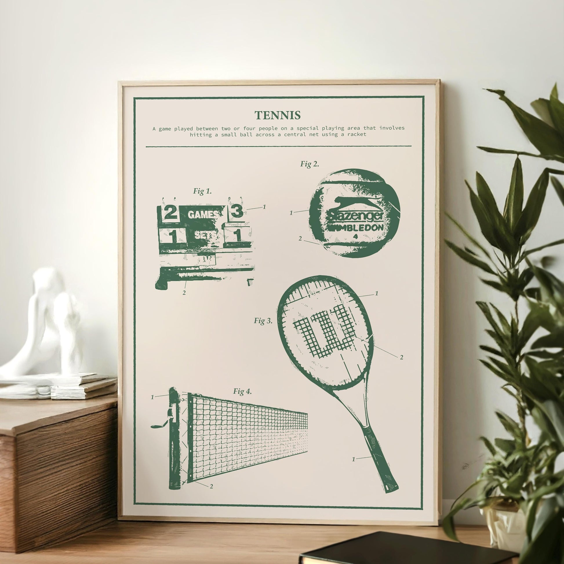 Technical tennis art print with net, racquet, and ball visuals, great for competitive players and decor lovers.