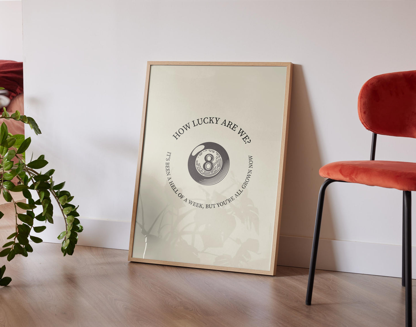 Minimalist lyric print with retro eight ball and “how lucky are we,” lyric perfect for country home or music space.