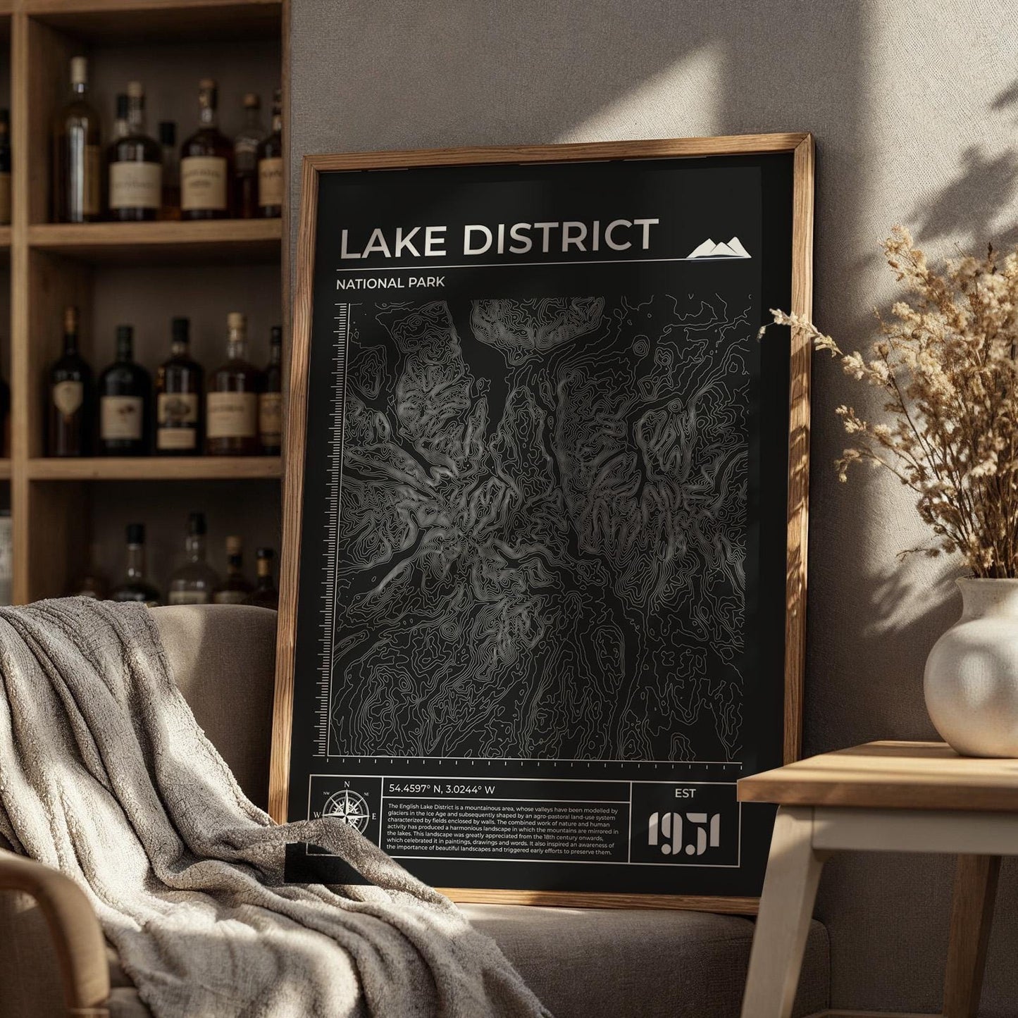 Lake District topography framed walking trail poster in black, detailed mountain map art for explorers.