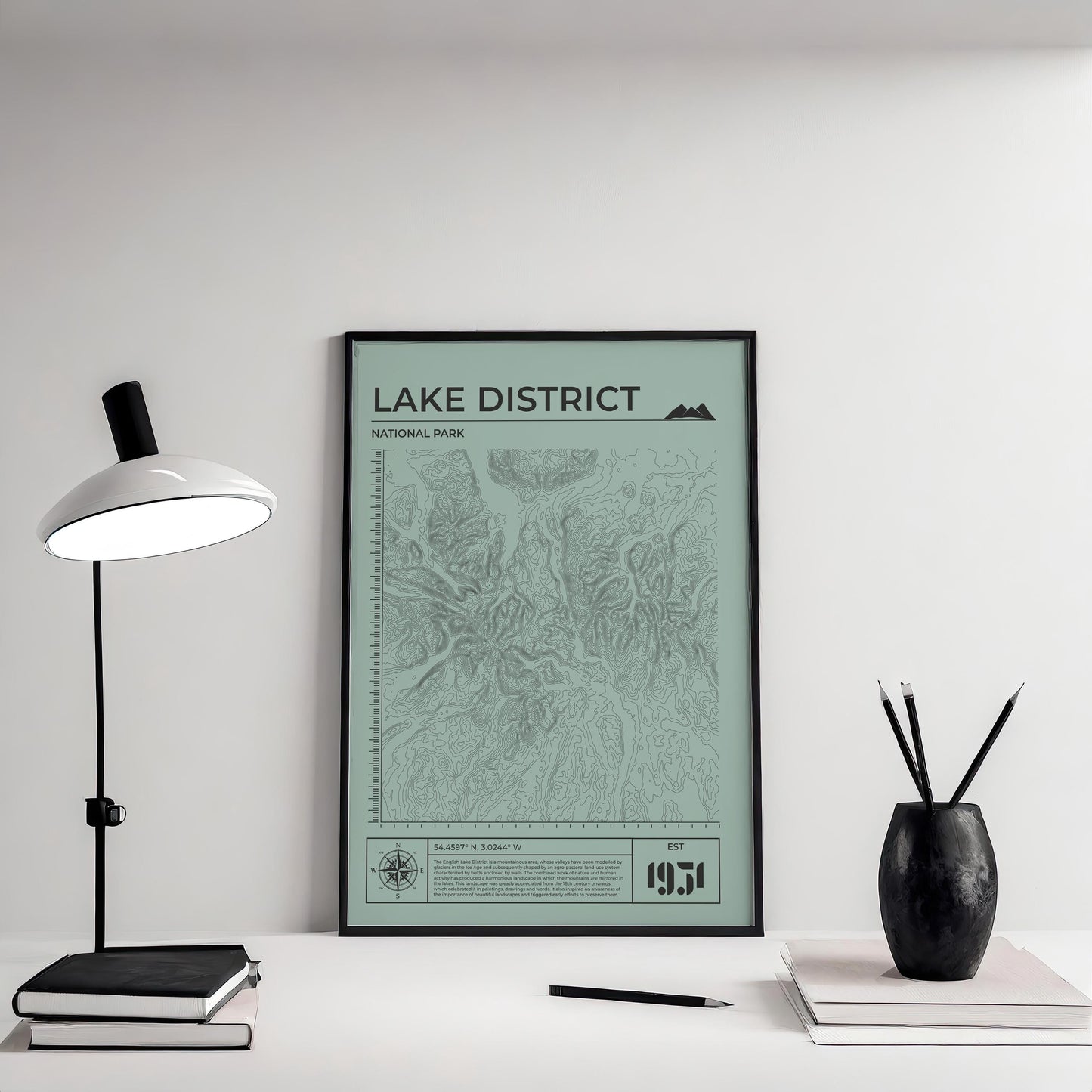 Sage framed UK national park map print, perfect gift for nature and camping lovers.
