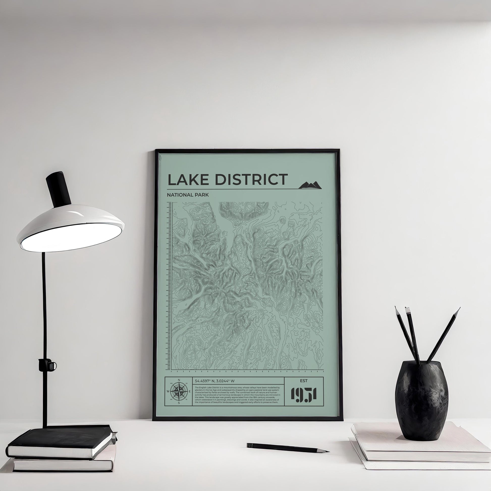 Sage framed UK national park map print, perfect gift for nature and camping lovers.