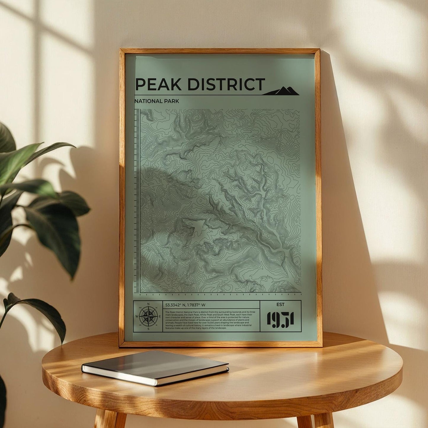 Framed hiking trail map print green colour in home office, great gift for trekking fans.