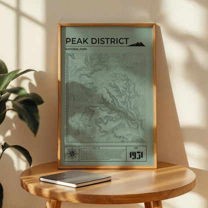Framed hiking trail map print green colour in home office, great gift for trekking fans.