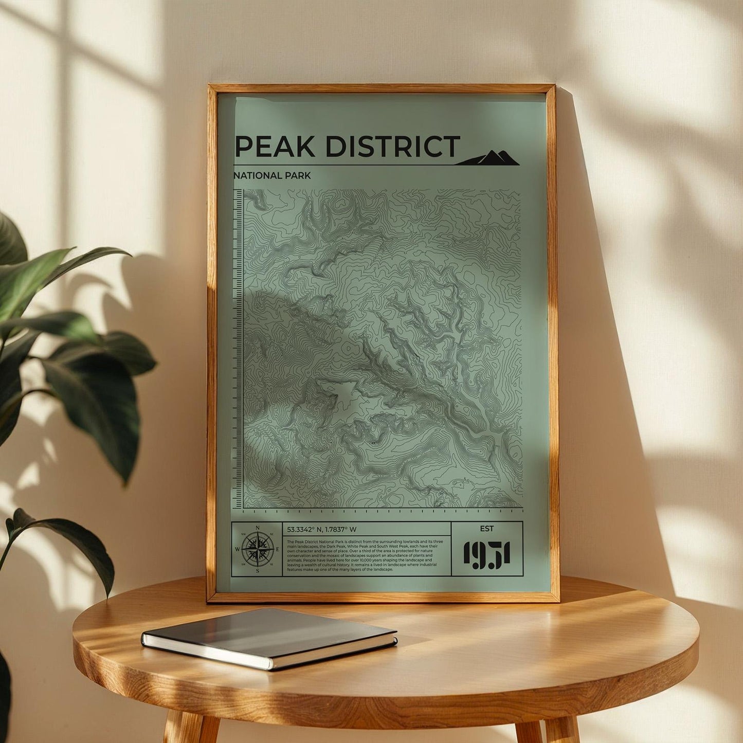 Framed hiking trail map print green colour in home office, great gift for trekking fans.