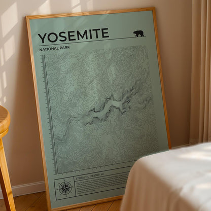 Framed hiking trail map print of Yosemite in green, great gift for trekking enthusiasts.