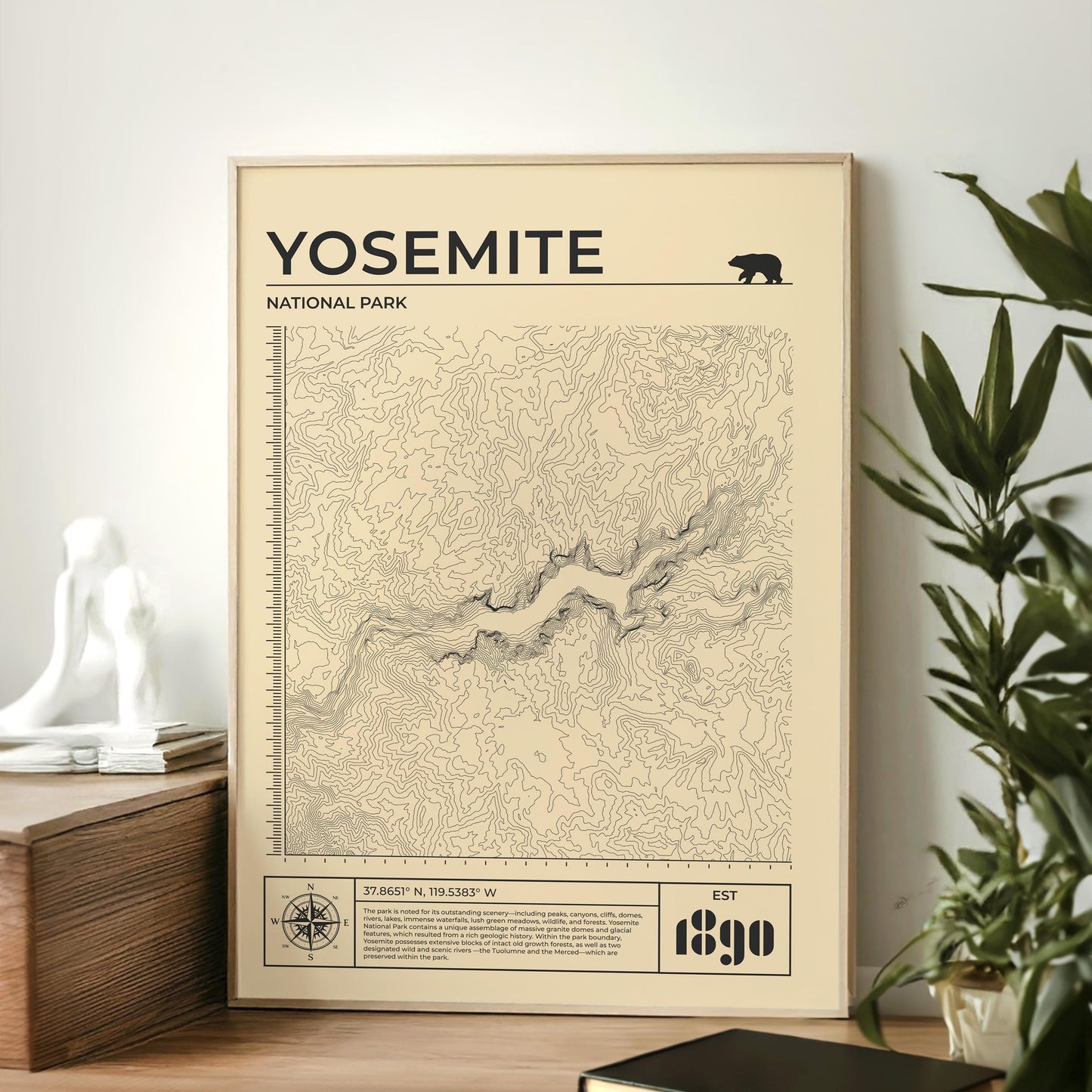 Framed Yellow Yosemite walking trail poster, ideal gift for outdoor lovers, leaning against wall.
