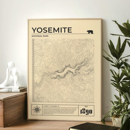 Framed Yellow Yosemite walking trail poster, ideal gift for outdoor lovers, leaning against wall.