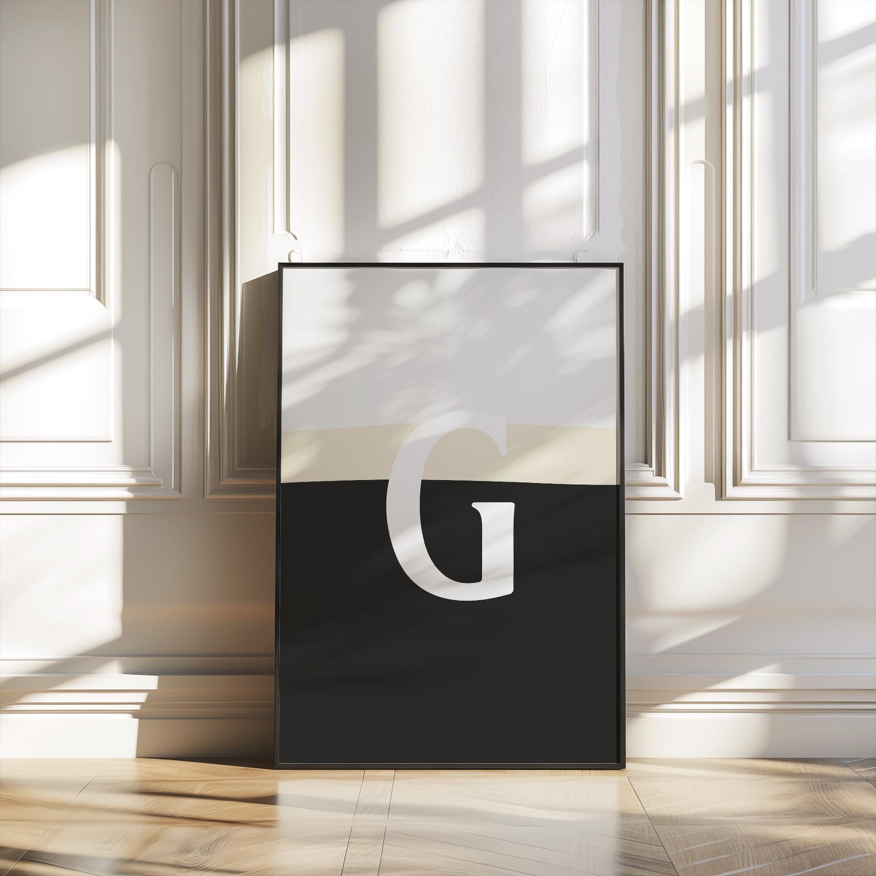 Detailed leaning on cladded wall pint glass close-up featuring split G, minimalist black and white print for beer lovers.