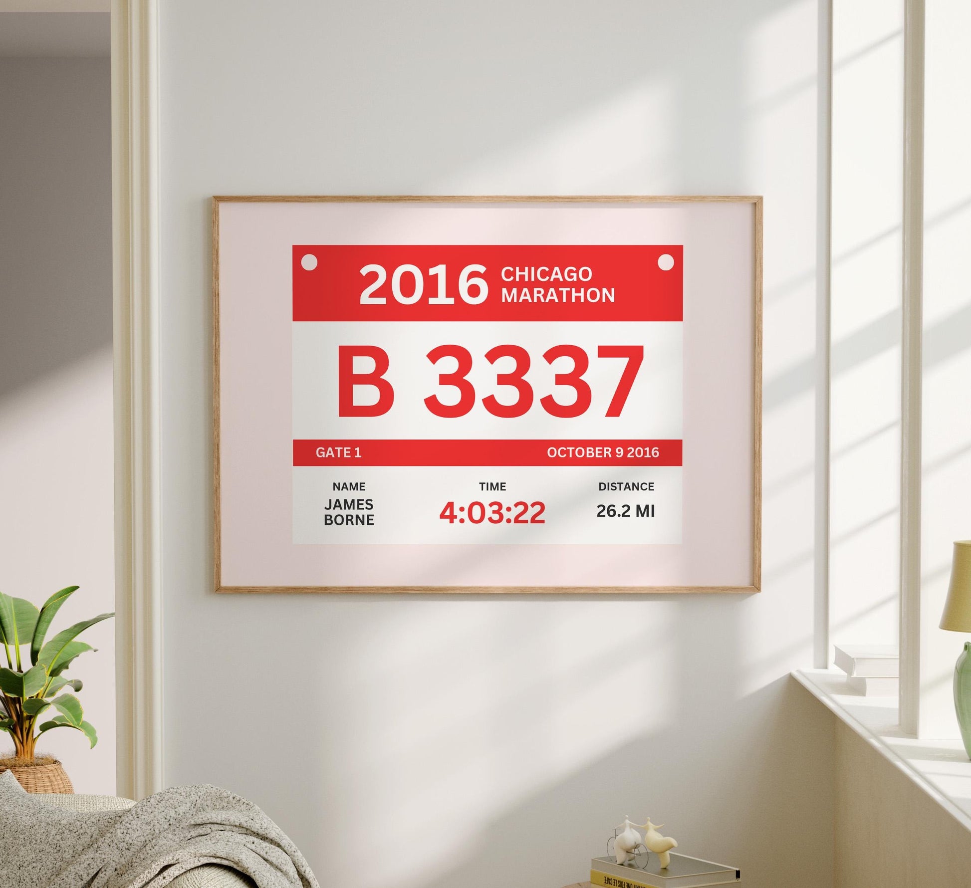 High-quality digital marathon bib print with personalized race details, perfect for runner gifts and memorabilia.