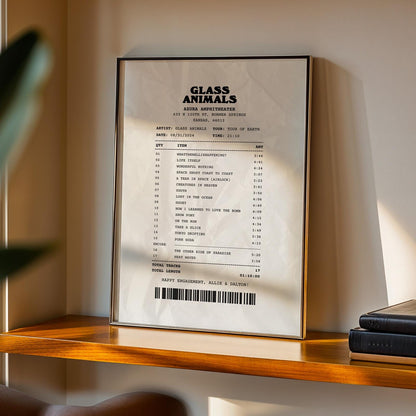 Personalised setlist print in receipt design perfect gift for music fans framed and leaning on the wall