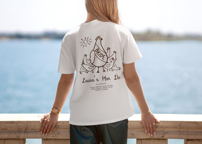 Funny customizable hen do shirts with chicken sketches, matching sets for bridal parties.