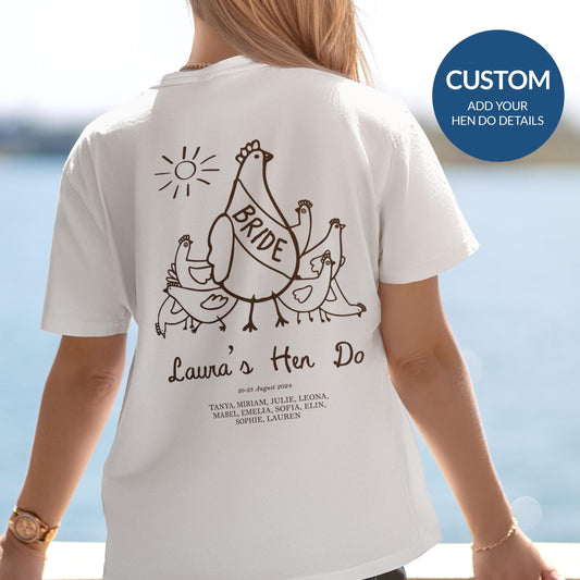 Custom hen do shirt with chicken sketches, funny personalized matching bride and bridesmaids tees.