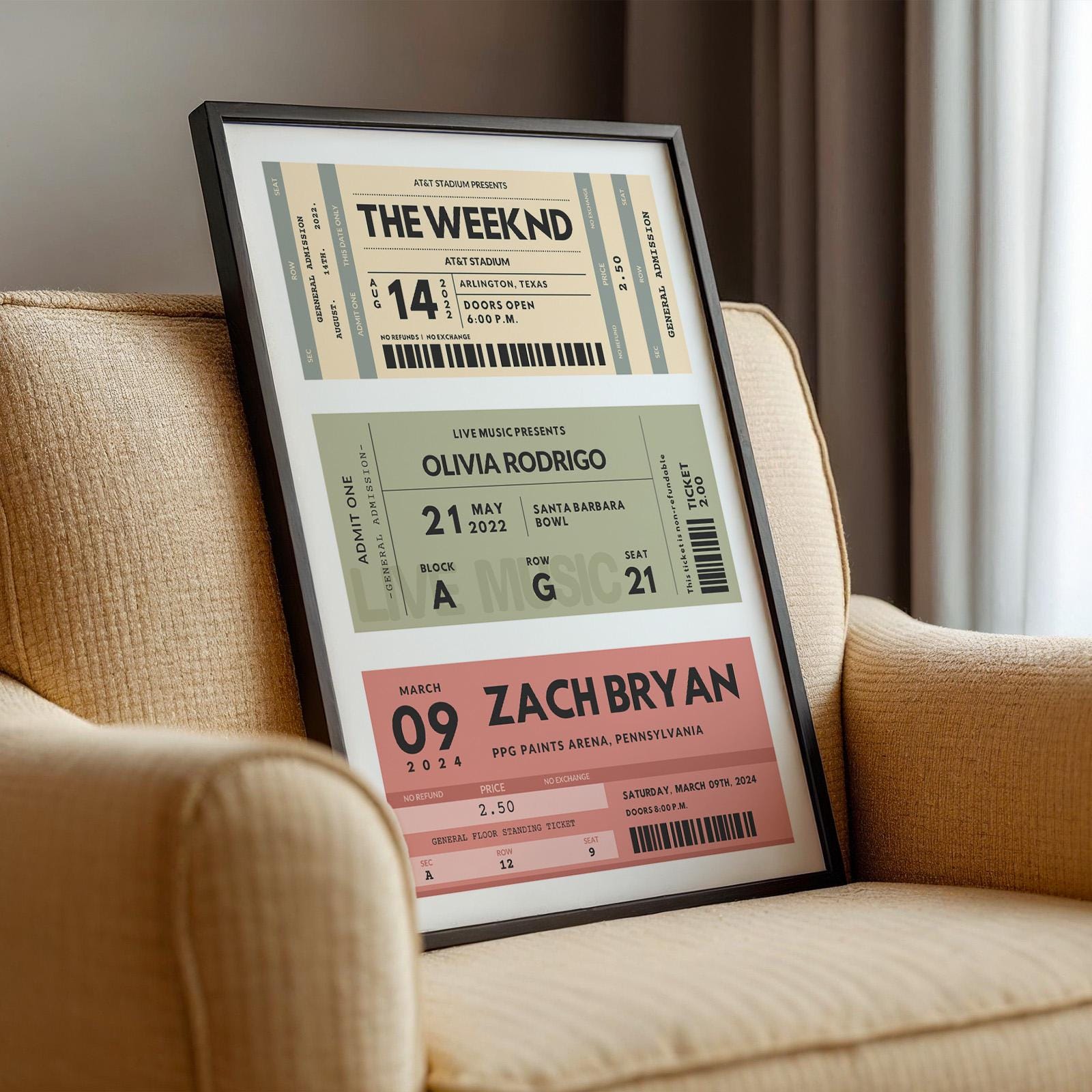 Digital personalised concert ticket poster, bespoke printable vintage keepsake for music lovers. Leaning on Sofa Framed.