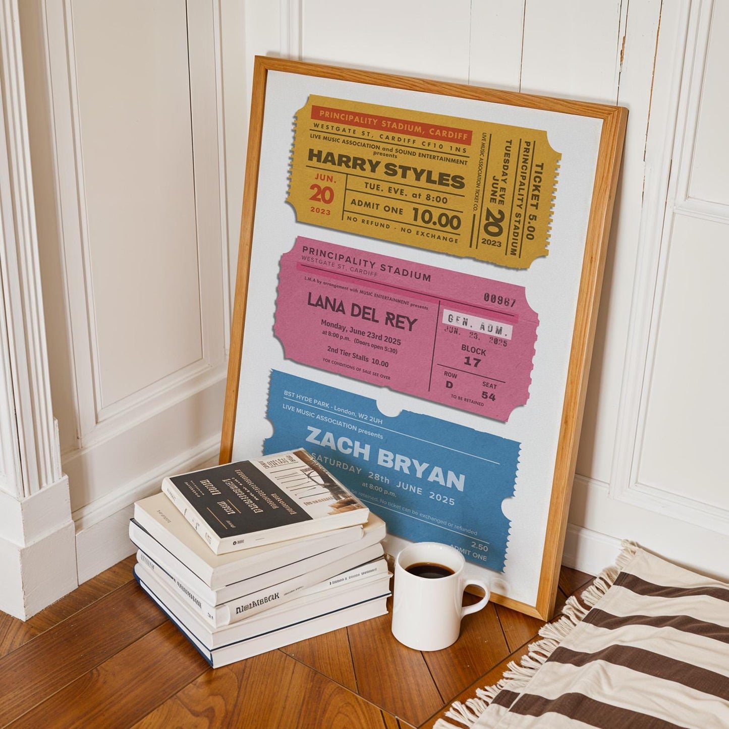 Framed nostalgic poster with colourful vintage ticket stubs each custom printed with your chosen concert memories