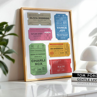 Bespoke colourful wall art print styled with retro concert tickets fully customisable for your favourite shows and artists