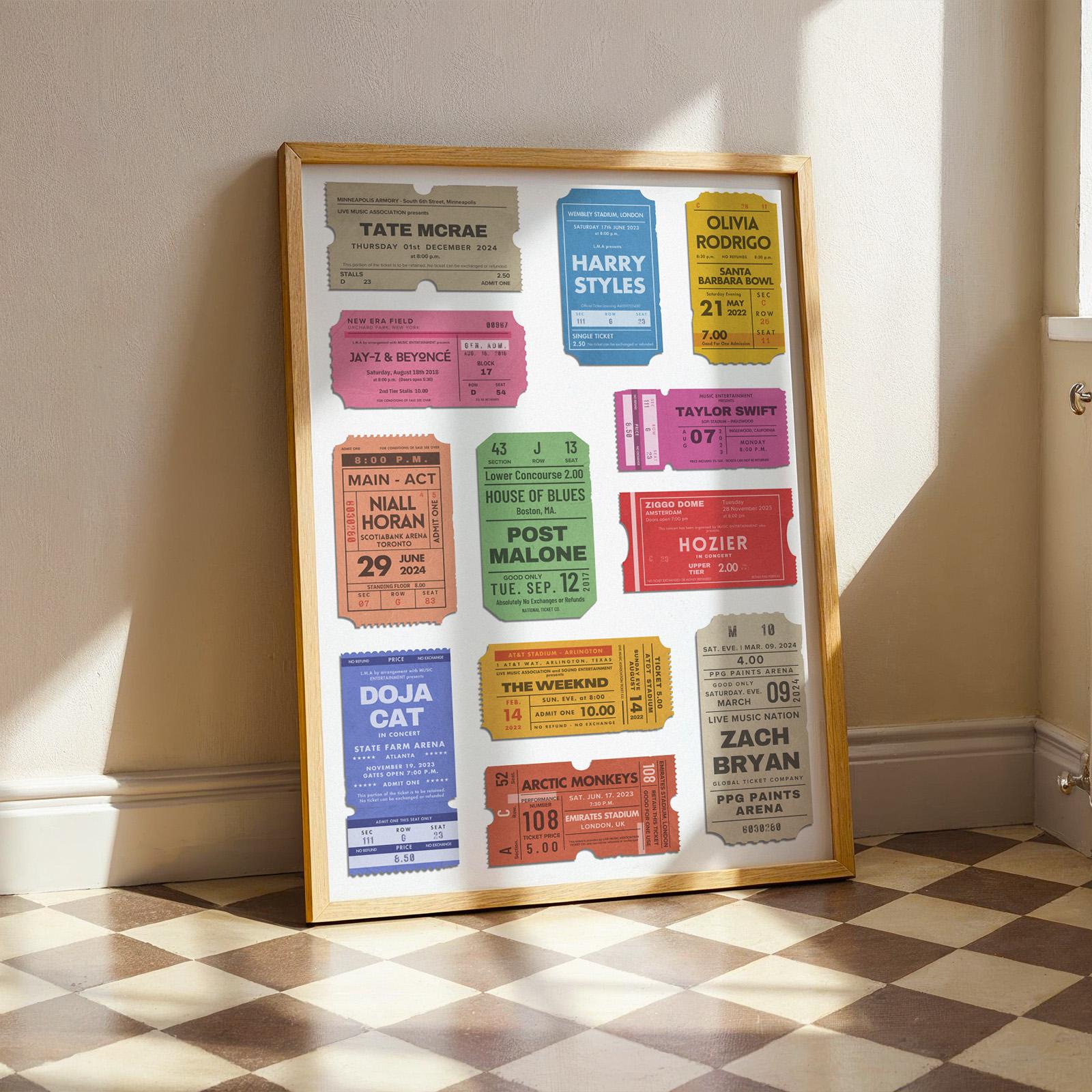 Custom digital concert wall art with vibrant vintage stubs ready for instant download and printing