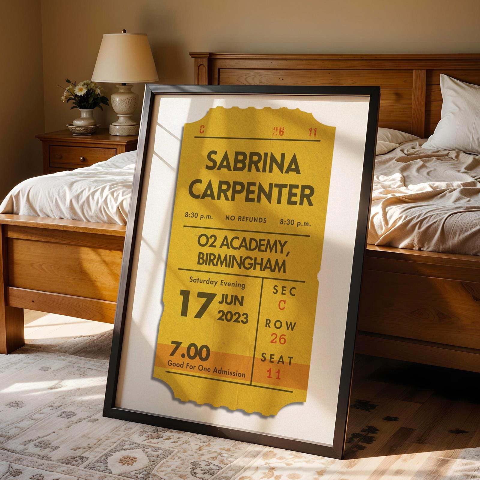 Bespoke single music event print in mustard, framed poster leaning on wall in bedroom, perfect gift idea.