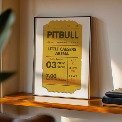Custom framed art concert ticket print leaning on shelf, digital vintage-style keepsake, personalised single ticket design.