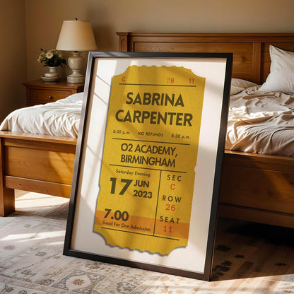 Bespoke digital mustard ticket print in bedroom, personalised vintage single ticket poster, music lover gift.
