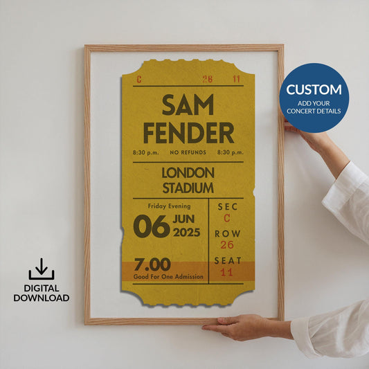 Mustard yellow digital concert ticket poster, personalised single ticket design, unique nostalgic gift.