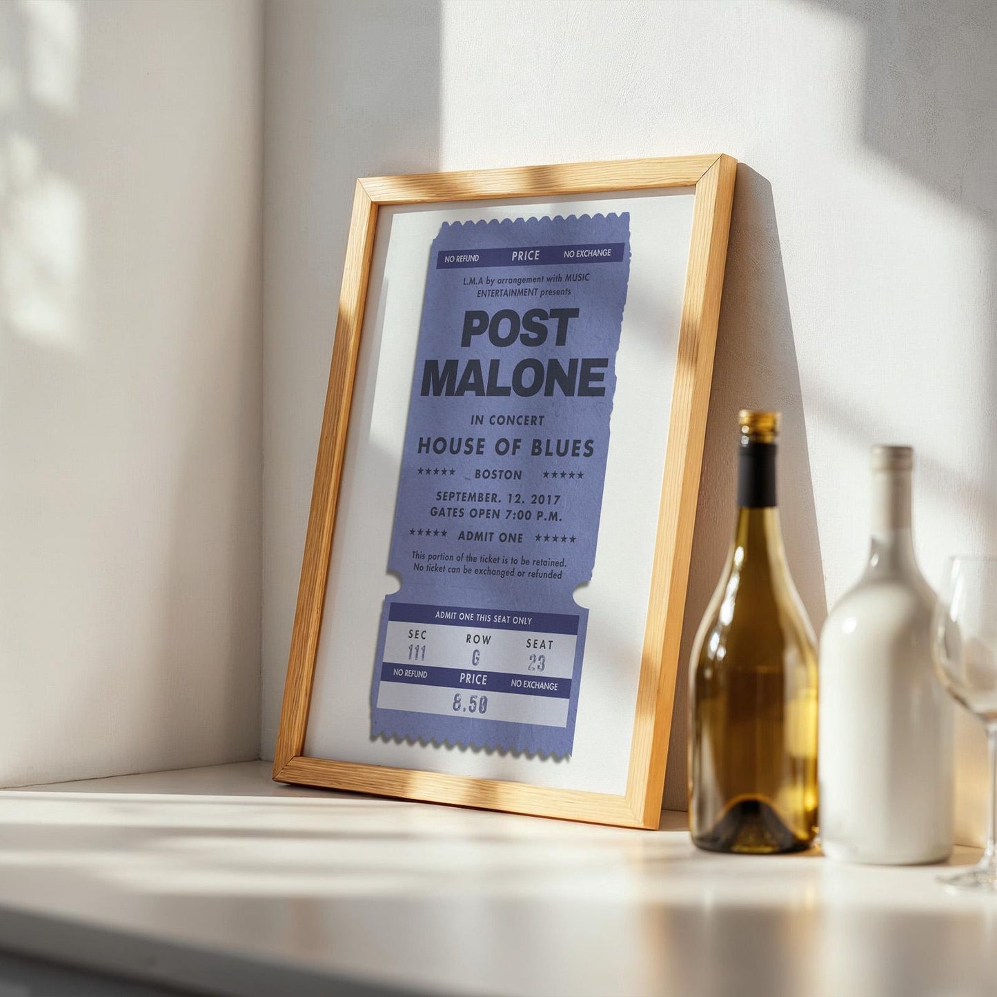 Framed single ticket print in dusty blue, bespoke concert keepsake, nostalgic decor idea. One of a kind unique art.