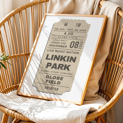 Soft neutral concert ticket design, printable bespoke artwork for music fans. Nostalgic memory keepsake gift idea.
