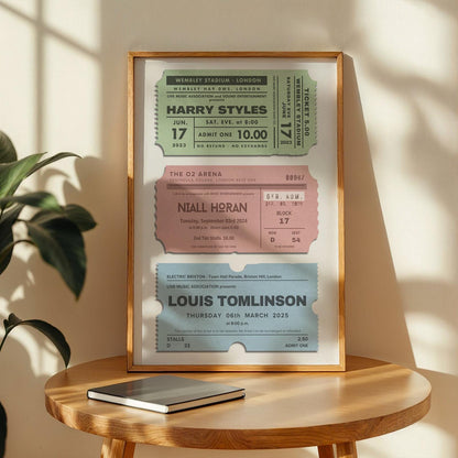 Single custom band artist poster featuring three tickets, framed vintage-style print for shelf or counter display.
