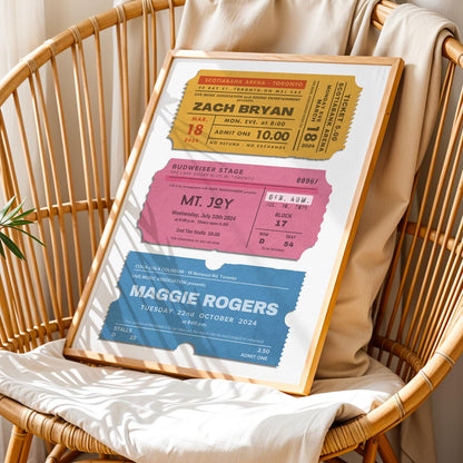 Custom concert ticket artwork with 3 stubs on one poster, framed vintage design for music lovers.