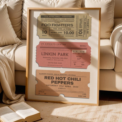 Framed personalised poster with three concert tickets, pastel-themed music memory keepsake.