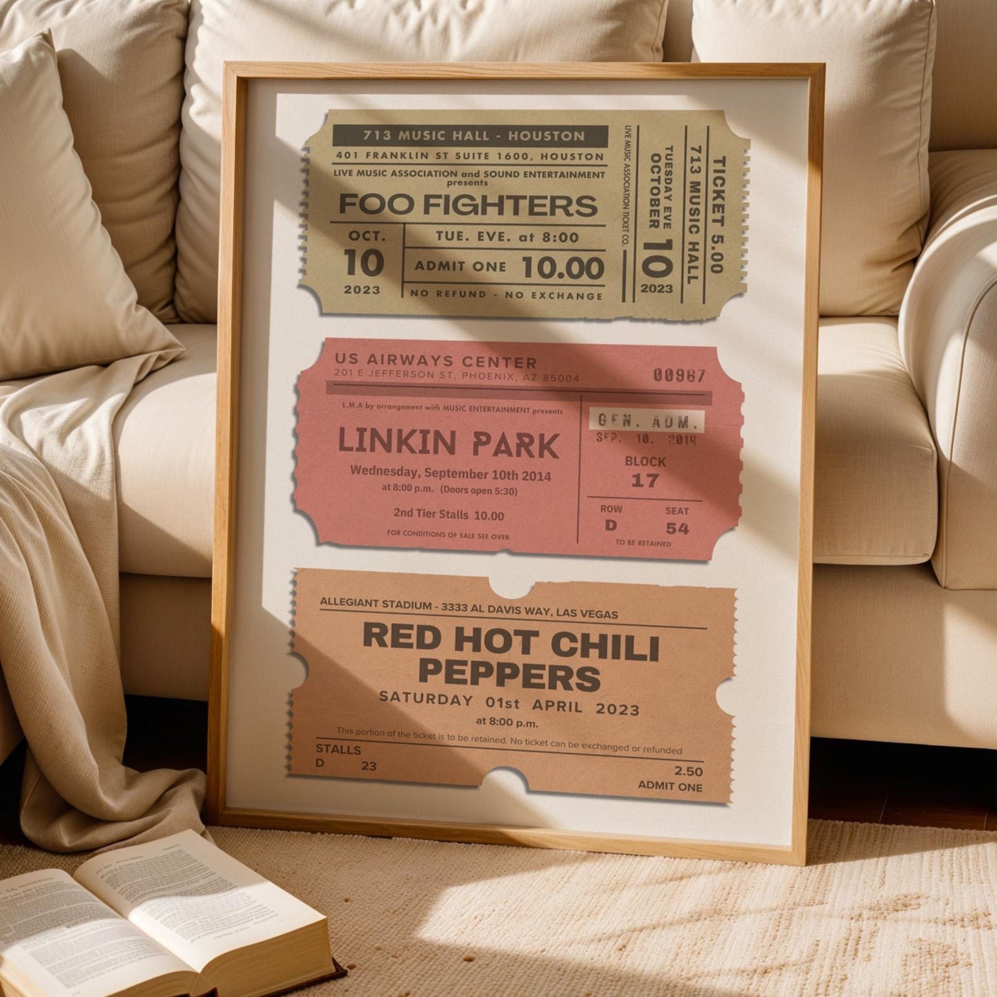 Framed personalised poster with three concert tickets, pastel-themed music memory keepsake.