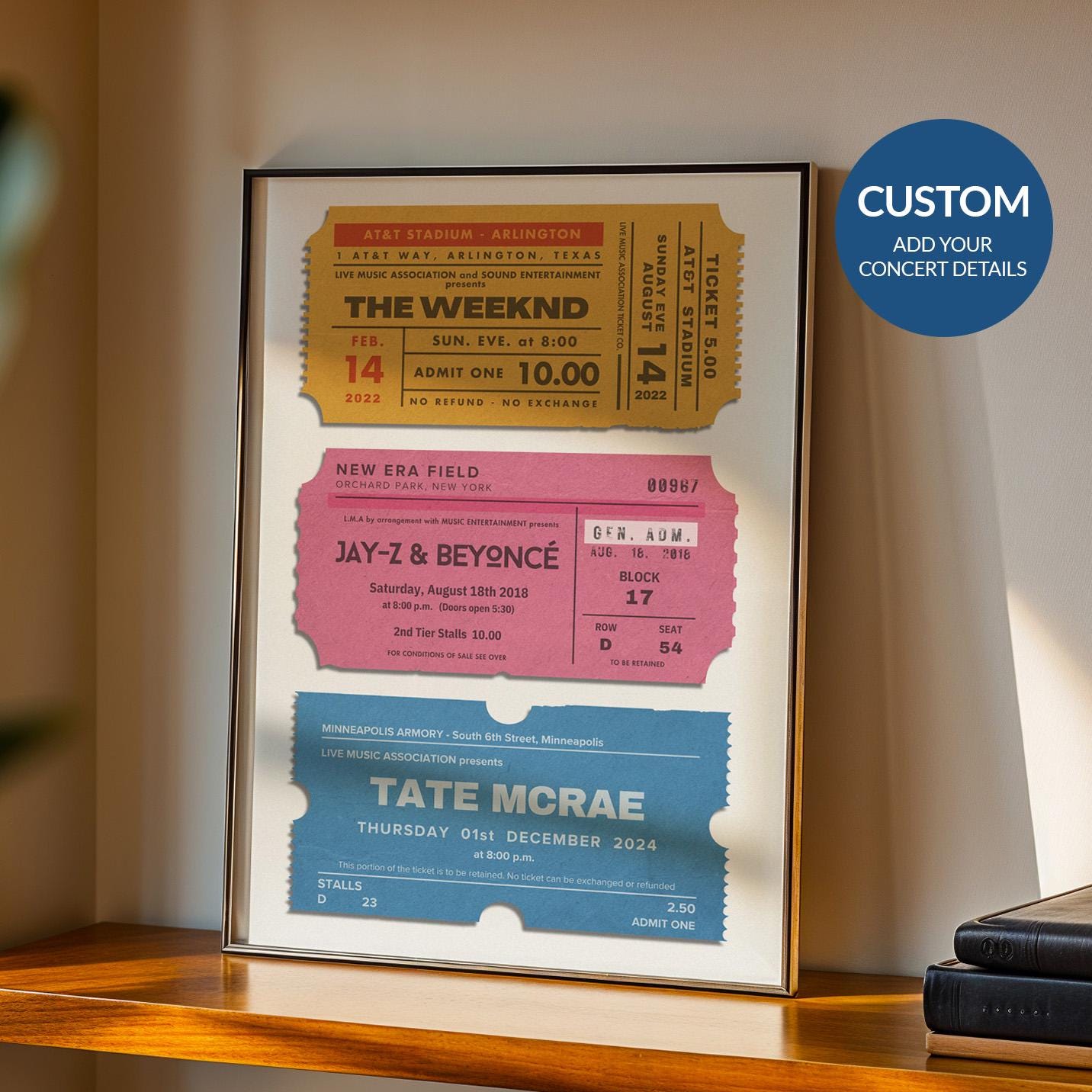 Framed festival poster with 3 personalised event stubs, leaning on a shelf, nostalgic music keepsake