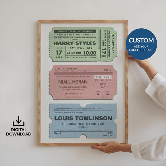 Digital vintage concert ticket stubs print, customizable for personal music memories, perfect nostalgic festival gift.