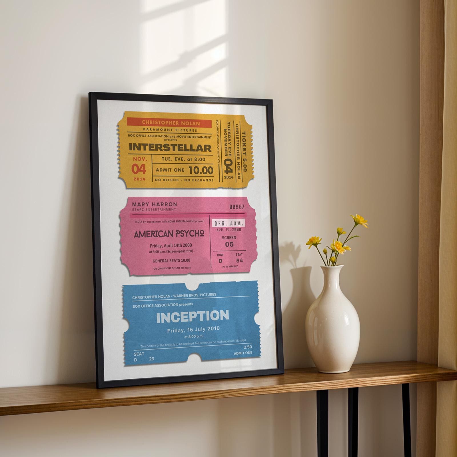 Vintage cinema venue art print, personalized with favourite movies, ideal nostalgic keepsake and blockbuster gift on shelf