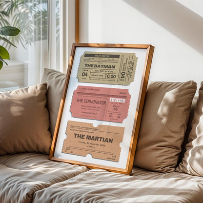 Framed vintage movie ticket print, customizable with up to 10 tickets, perfect nostalgic cinema memory gift.