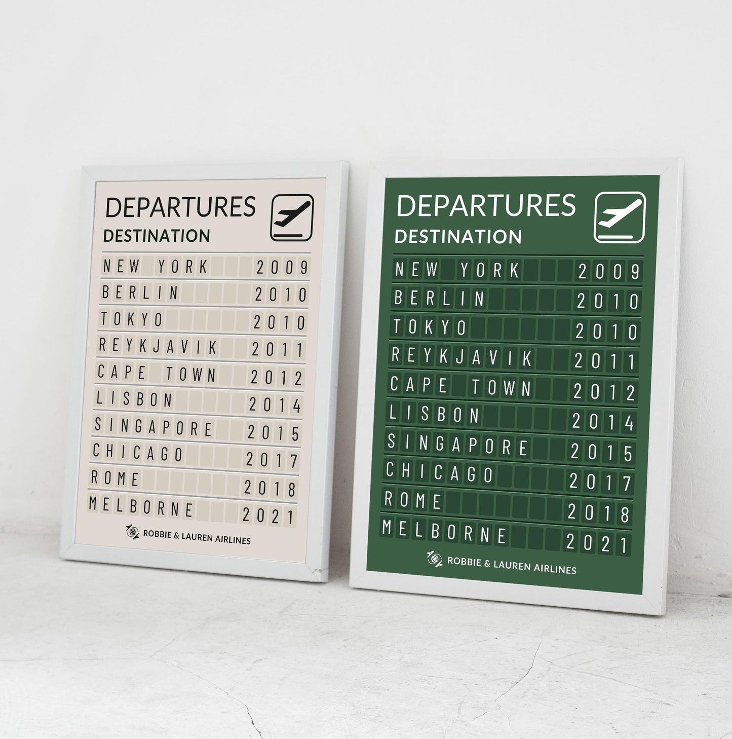 Framed nostalgic travel print custom airport board design for adventurers and travel memory decor. white frames leaning