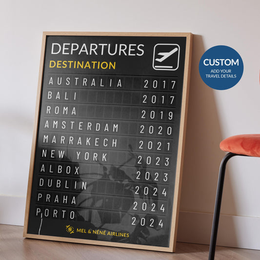 Framed custom departure board print showing your travel memories and dates perfect for adventurers and travel lovers
