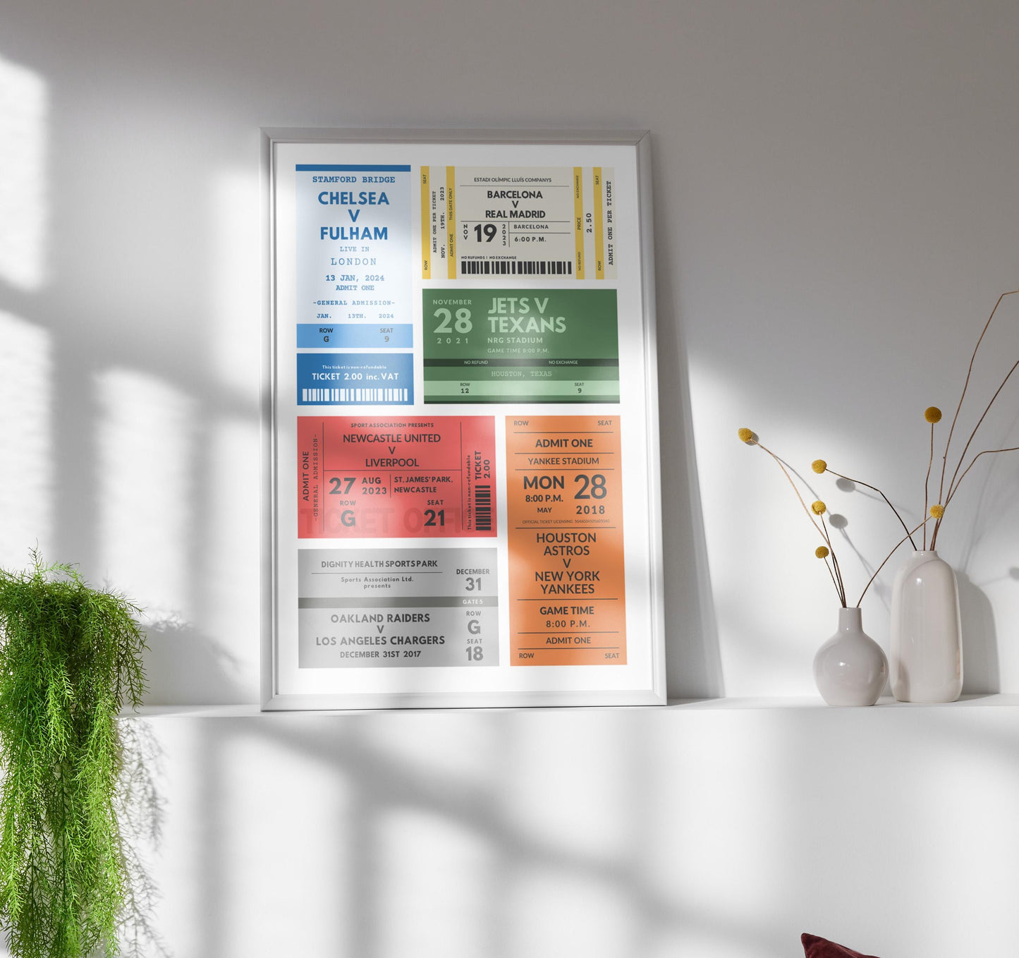 Vintage athlete stubs print, memorabilia for all sports event lovers. one of a kind framed print on shelf