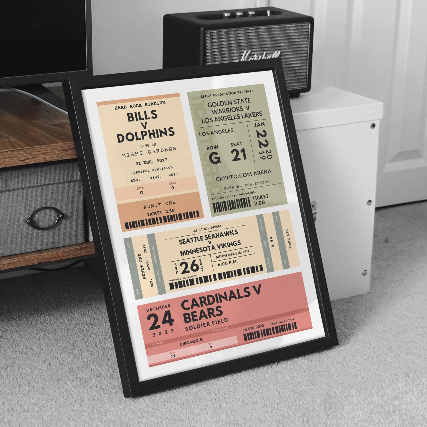 Custom trendy Olympics tickets art, perfect nostalgic memorabilia gift for football, rugby, basketball fans. Leaning on wall
