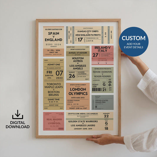 Digital customizable vintage sports ticket poster, nostalgic gift for football, rugby, hockey, and basketball fans.