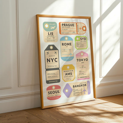 Travel-themed colourful luggage tag poster for wall décor, ideal gift for travellers and flight keepsake collectors.