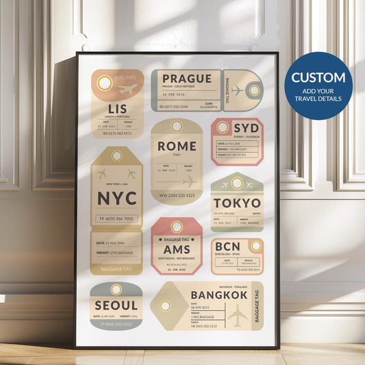 Framed vintage airport tag print leaning on shelf, perfect nostalgic gift for travel lovers and holiday memories.