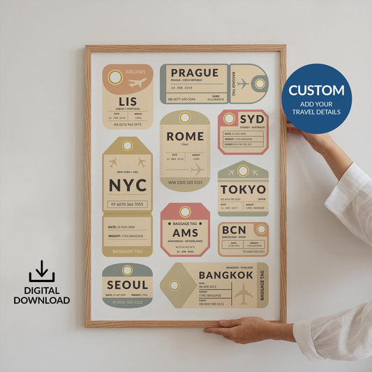 Affordable printable travel tag art, digital file gift for travellers, perfect holiday keepsake or wall décor.