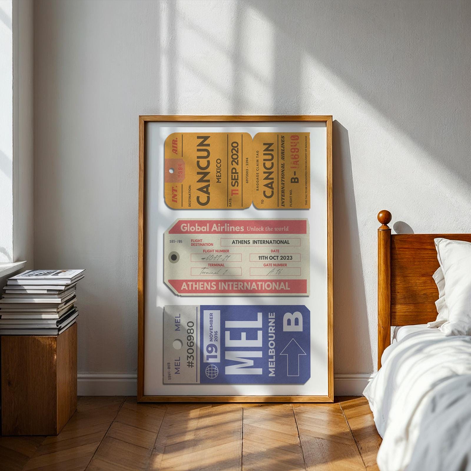 Travel-themed framed print with custom unique airport tags for your trips, physical wall art for memory-filled holiday décor.