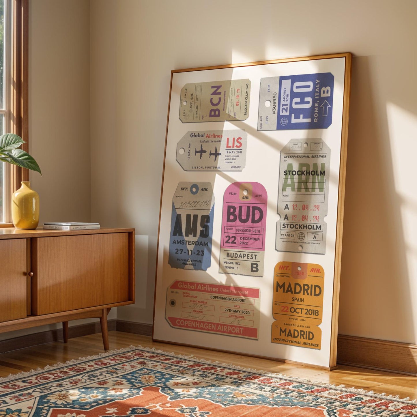 Printed travel keepsake with bespoke vintage luggage tags, framed and ready to display for trendy memory holiday décor.