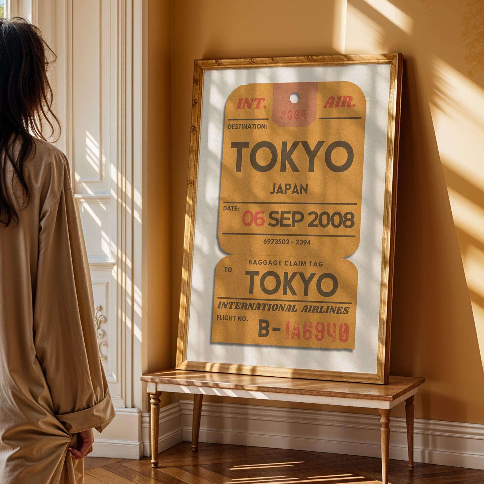 Bespoke airport ticket-style wall art in rich yellow, perfect keepsake for flights, travel, and holidays. Ideal present idea