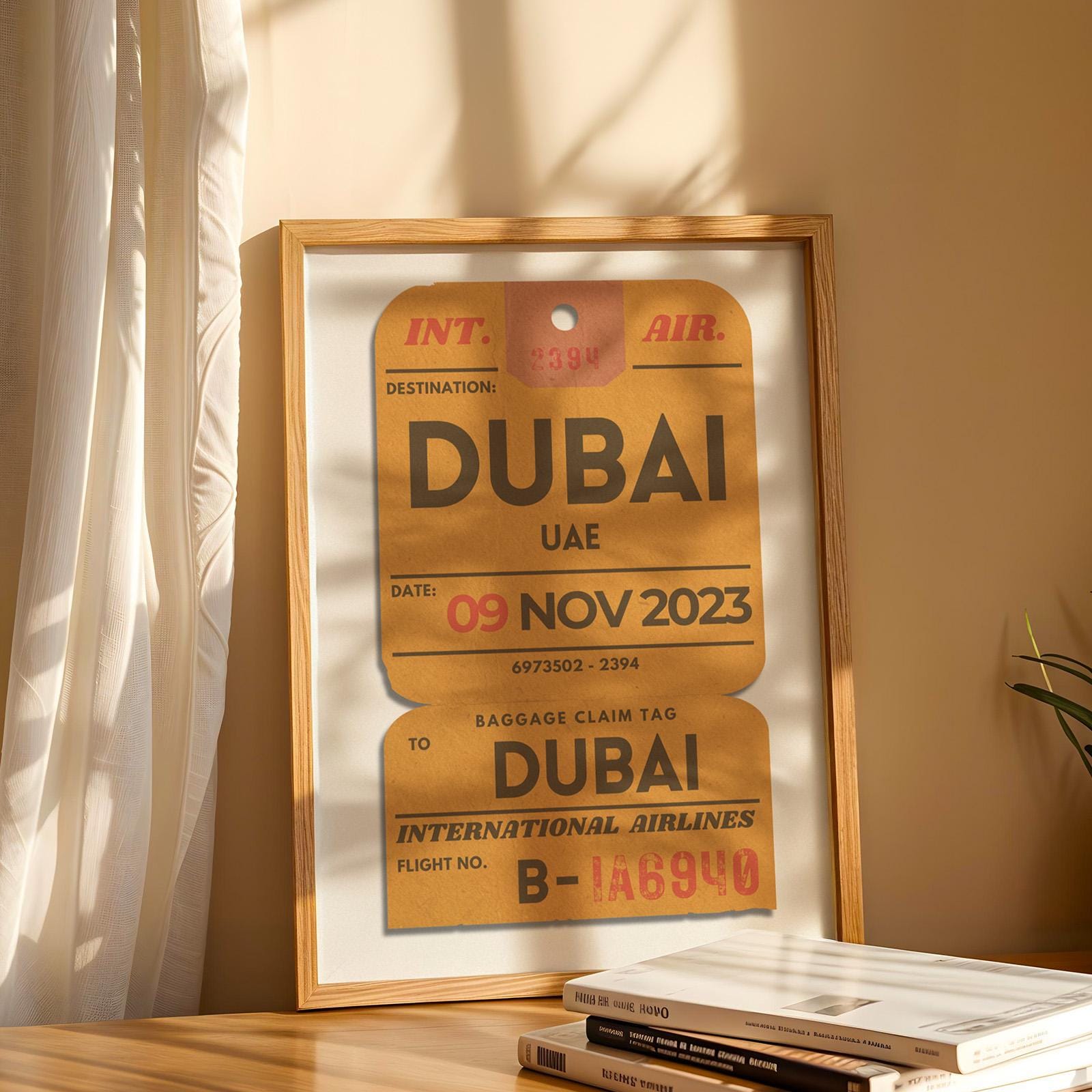 Custom travel memory poster in bold yellow, ticket-style print with your flight info and location. An ideal gift idea for jet-setters