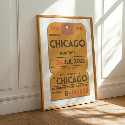 Bold yellow airport ticket artwork, personalised travel gift and keepsake for holiday lovers.