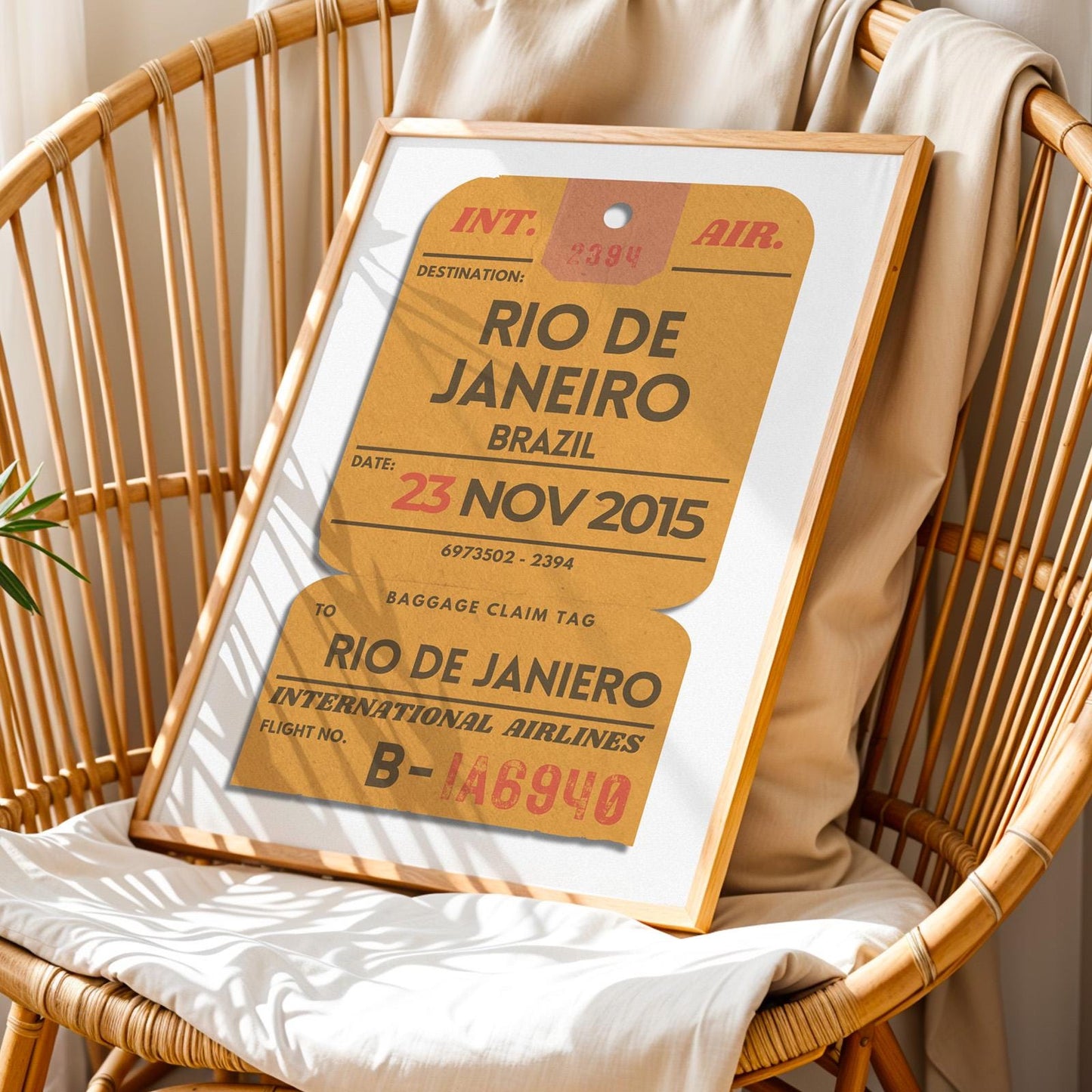 Personalised travel ticket art print, mustard yellow wall décor for holiday memories and keepsake gift.